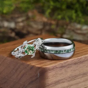 Hexagon Cut Green Moss Agate  Leaf Couples Ring Set His and Hers Wedding Band 925 Sterling Silver