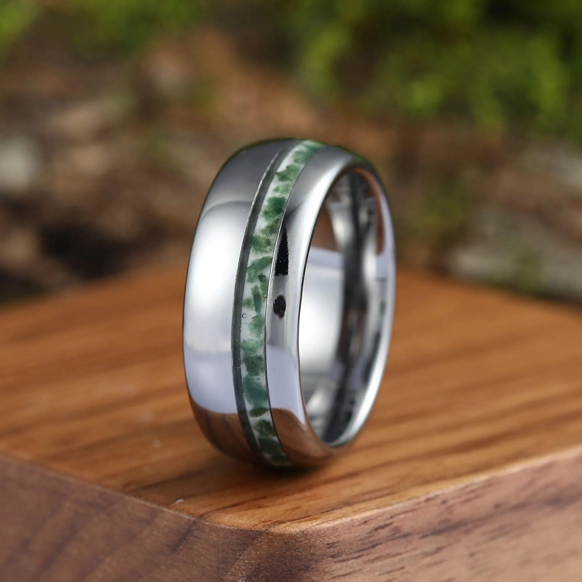 Hexagon Cut Green Moss Agate  Leaf Couples Ring Set His and Hers Wedding Band 925 Sterling Silver