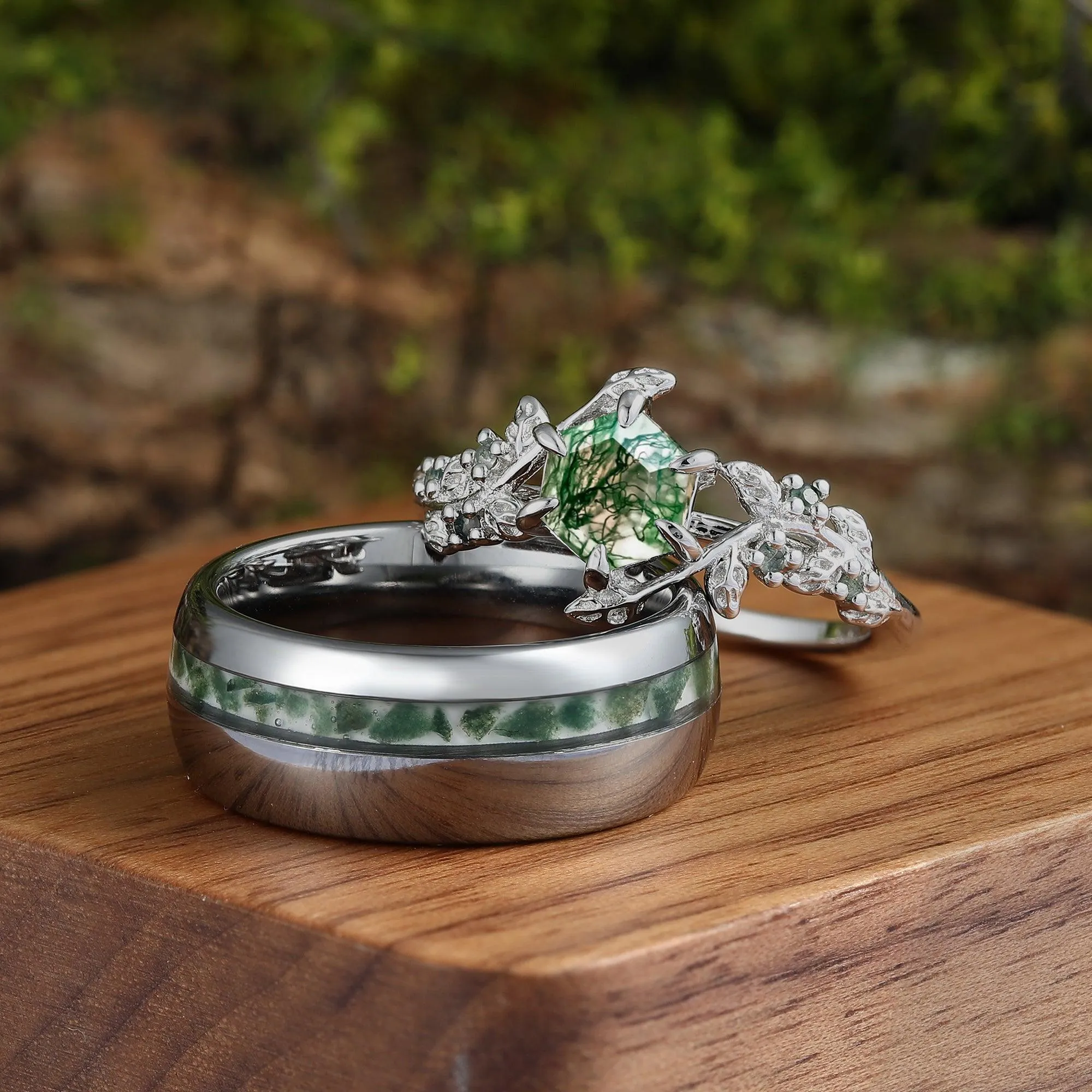 Hexagon Cut Green Moss Agate  Leaf Couples Ring Set His and Hers Wedding Band 925 Sterling Silver