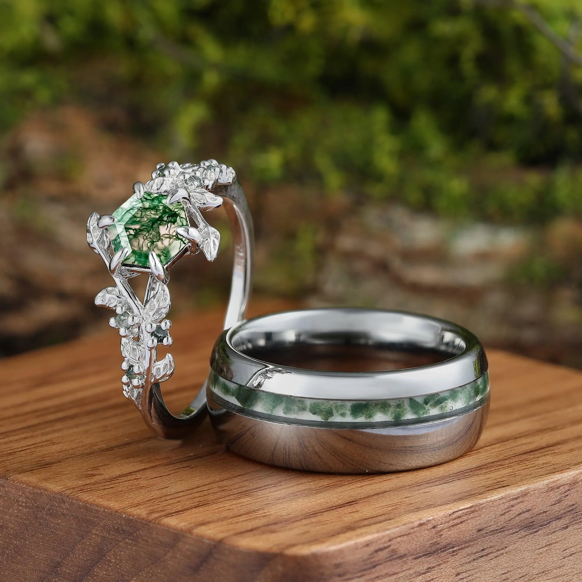 Hexagon Cut Green Moss Agate  Leaf Couples Ring Set His and Hers Wedding Band 925 Sterling Silver