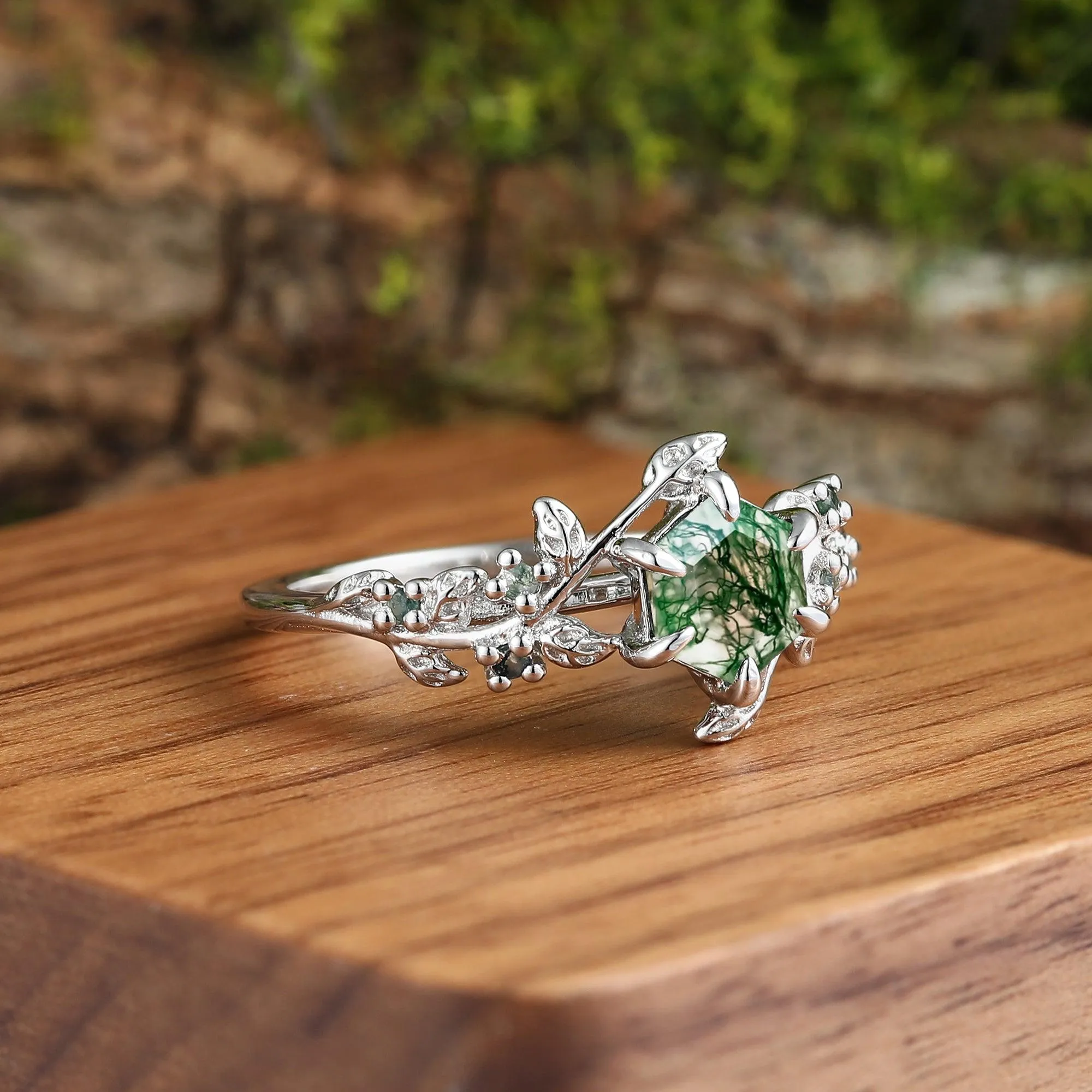 Hexagon Cut Green Moss Agate  Leaf Couples Ring Set His and Hers Wedding Band 925 Sterling Silver