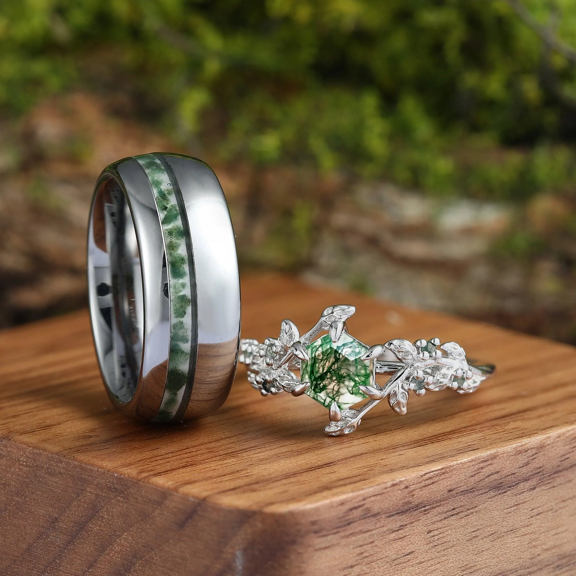 Hexagon Cut Green Moss Agate  Leaf Couples Ring Set His and Hers Wedding Band 925 Sterling Silver
