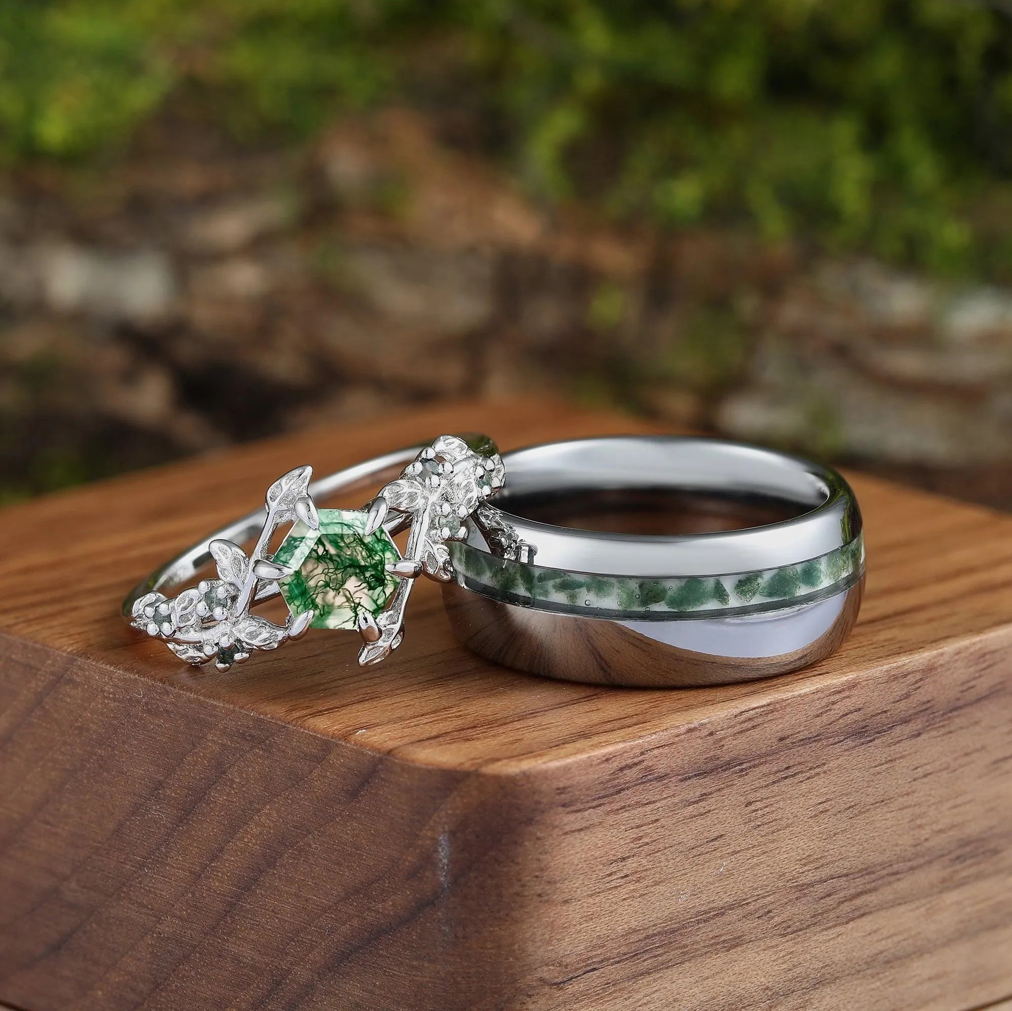 Hexagon Cut Green Moss Agate  Leaf Couples Ring Set His and Hers Wedding Band 925 Sterling Silver