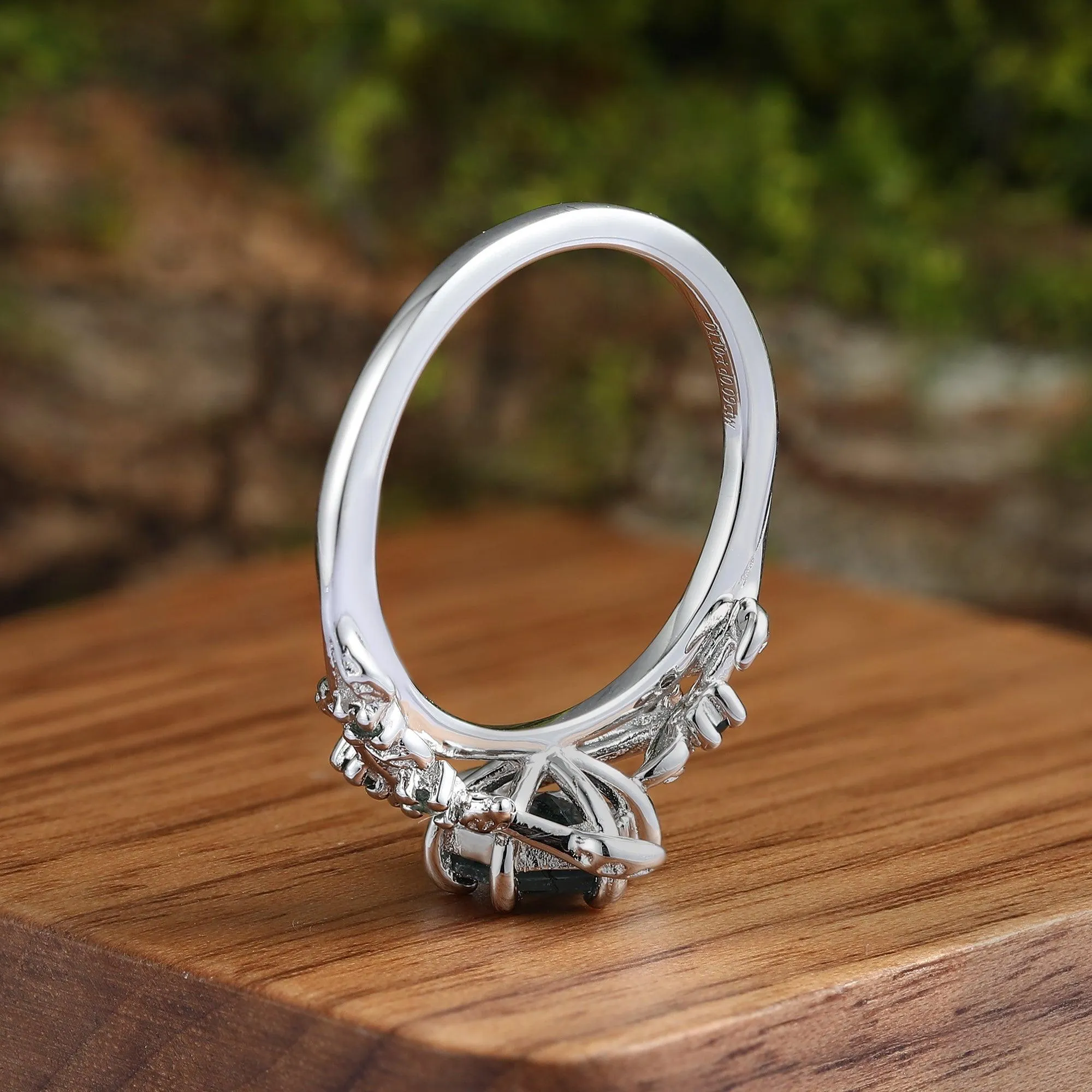 Hexagon Cut Green Moss Agate  Leaf Couples Ring Set His and Hers Wedding Band 925 Sterling Silver