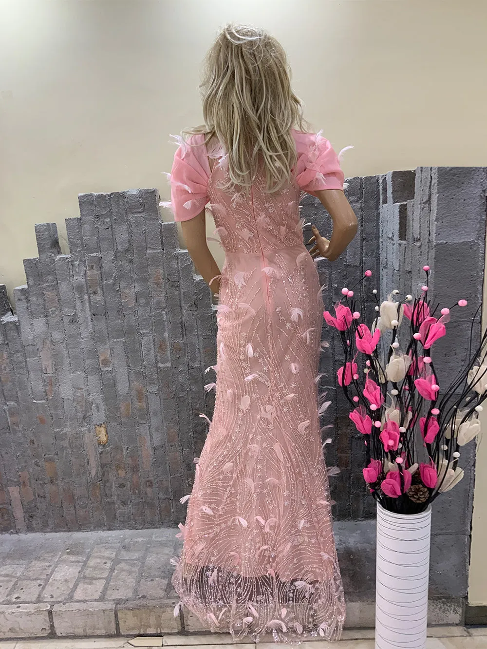 High Neck Short Sleeve Elegant Maxi Bodycon Dress HT21080