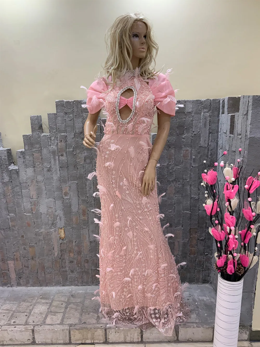 High Neck Short Sleeve Elegant Maxi Bodycon Dress HT21080