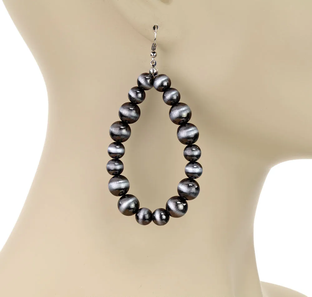 Hildy Fashion Navajo Bead Large Teardrop Earrings - Silver