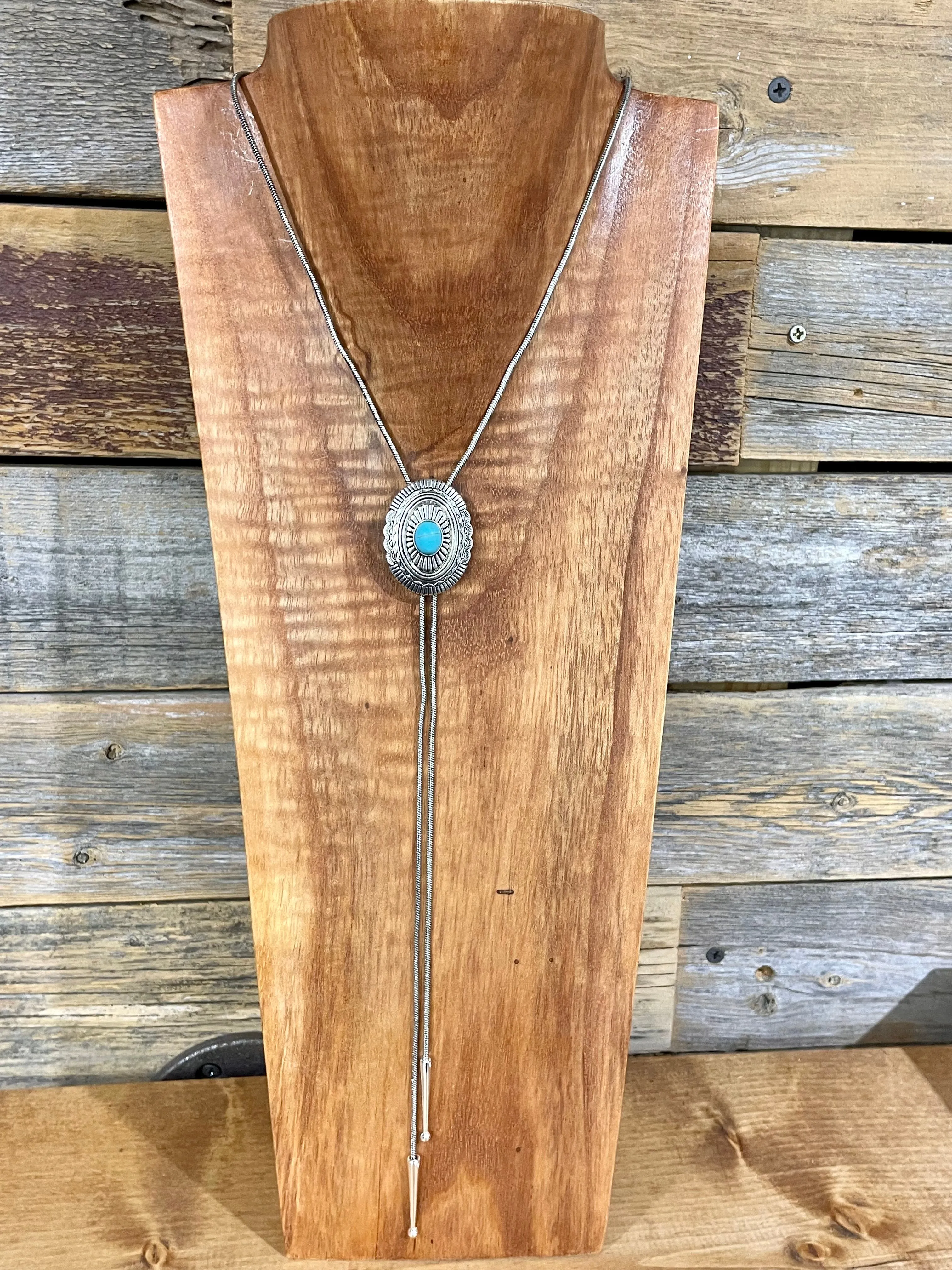 Iowa Blue Fashion Silver Bolo Tie Necklace With Concho - Turquoise