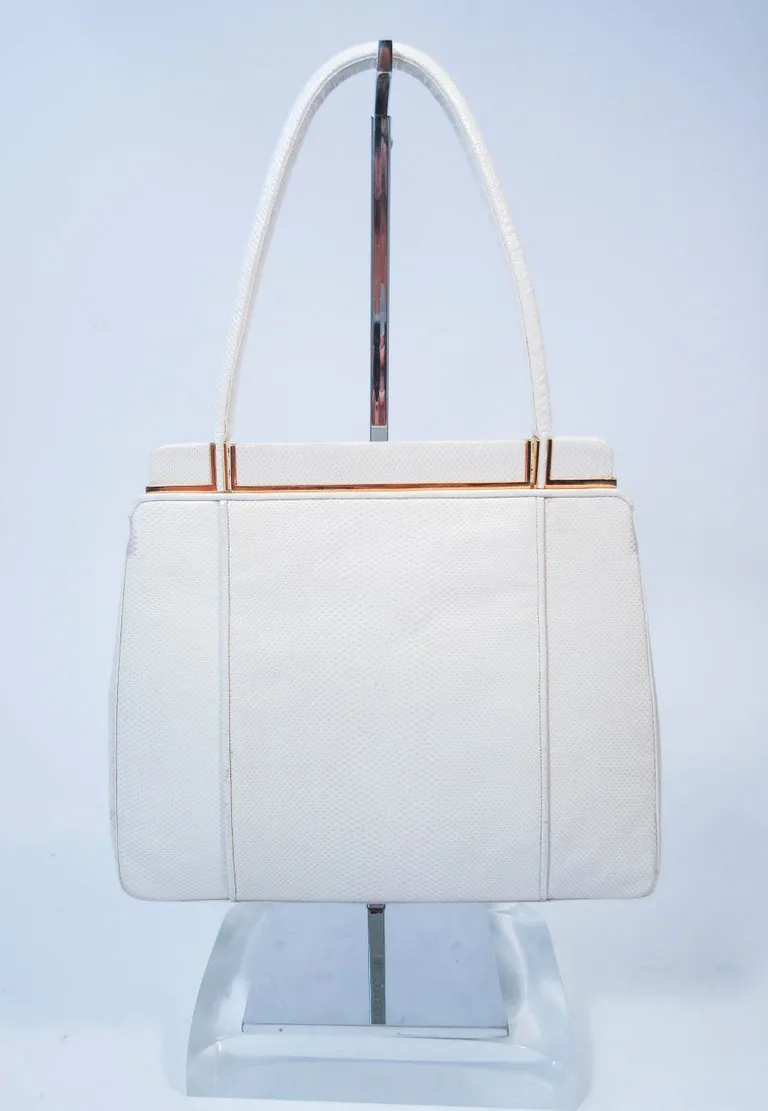 JUDITH LEIBER White Lizard Handle Goldtone Hardware Strap Purse