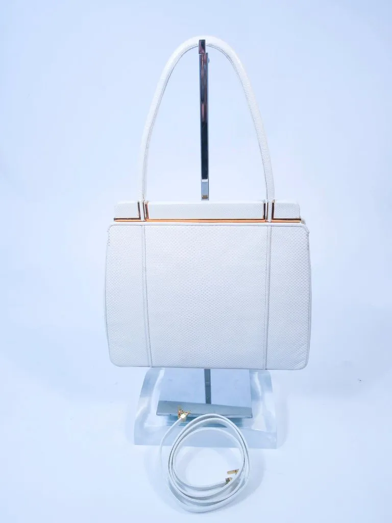 JUDITH LEIBER White Lizard Handle Goldtone Hardware Strap Purse
