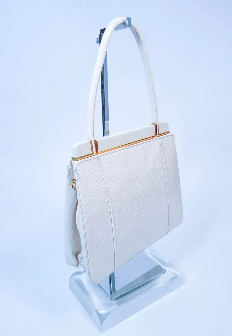 JUDITH LEIBER White Lizard Handle Goldtone Hardware Strap Purse
