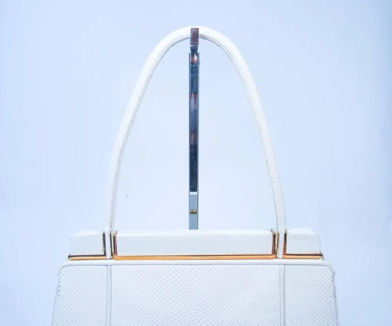 JUDITH LEIBER White Lizard Handle Goldtone Hardware Strap Purse