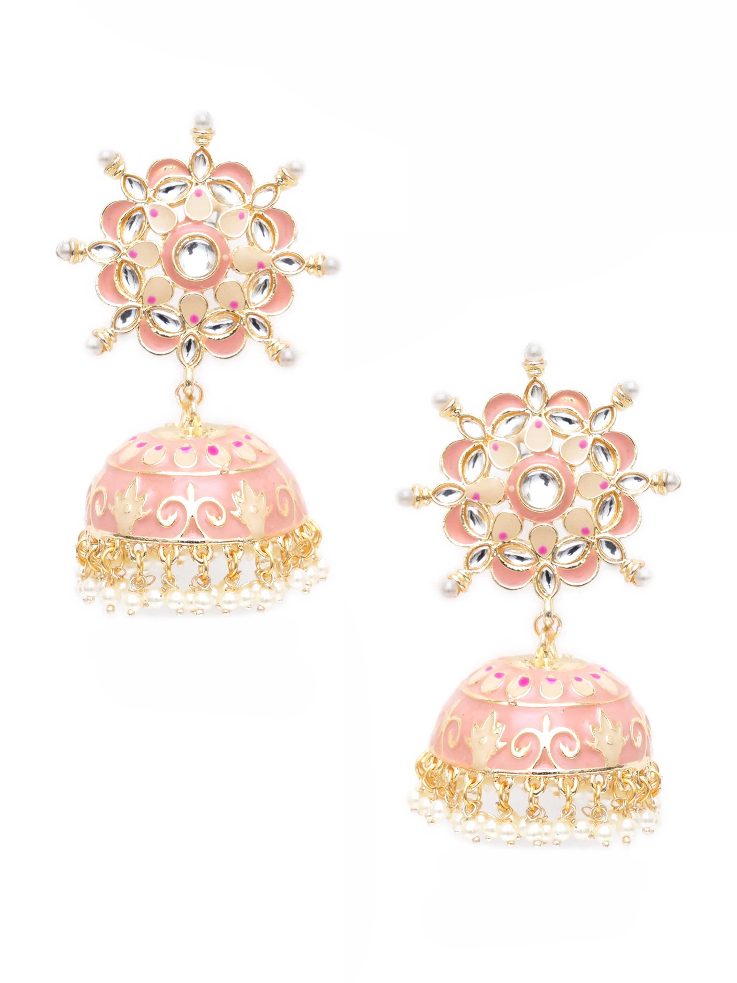 Karatcart Gold Plated Floral Design Pink Meena and Pearl Jhumki Earrings for Women