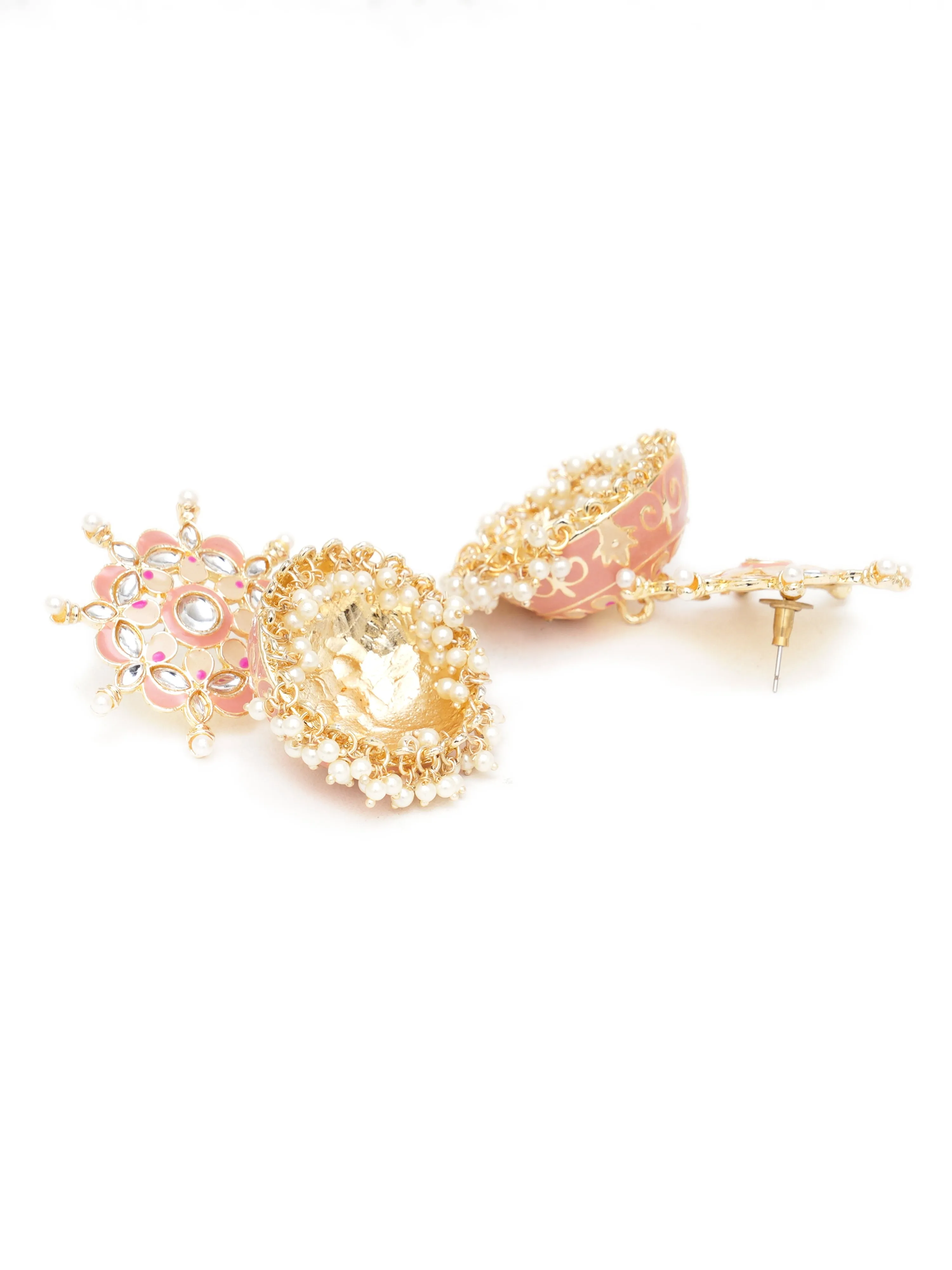 Karatcart Gold Plated Floral Design Pink Meena and Pearl Jhumki Earrings for Women