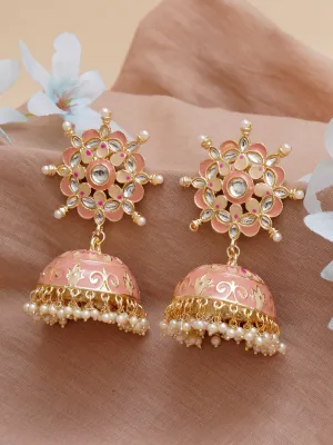 Karatcart Gold Plated Floral Design Pink Meena and Pearl Jhumki Earrings for Women