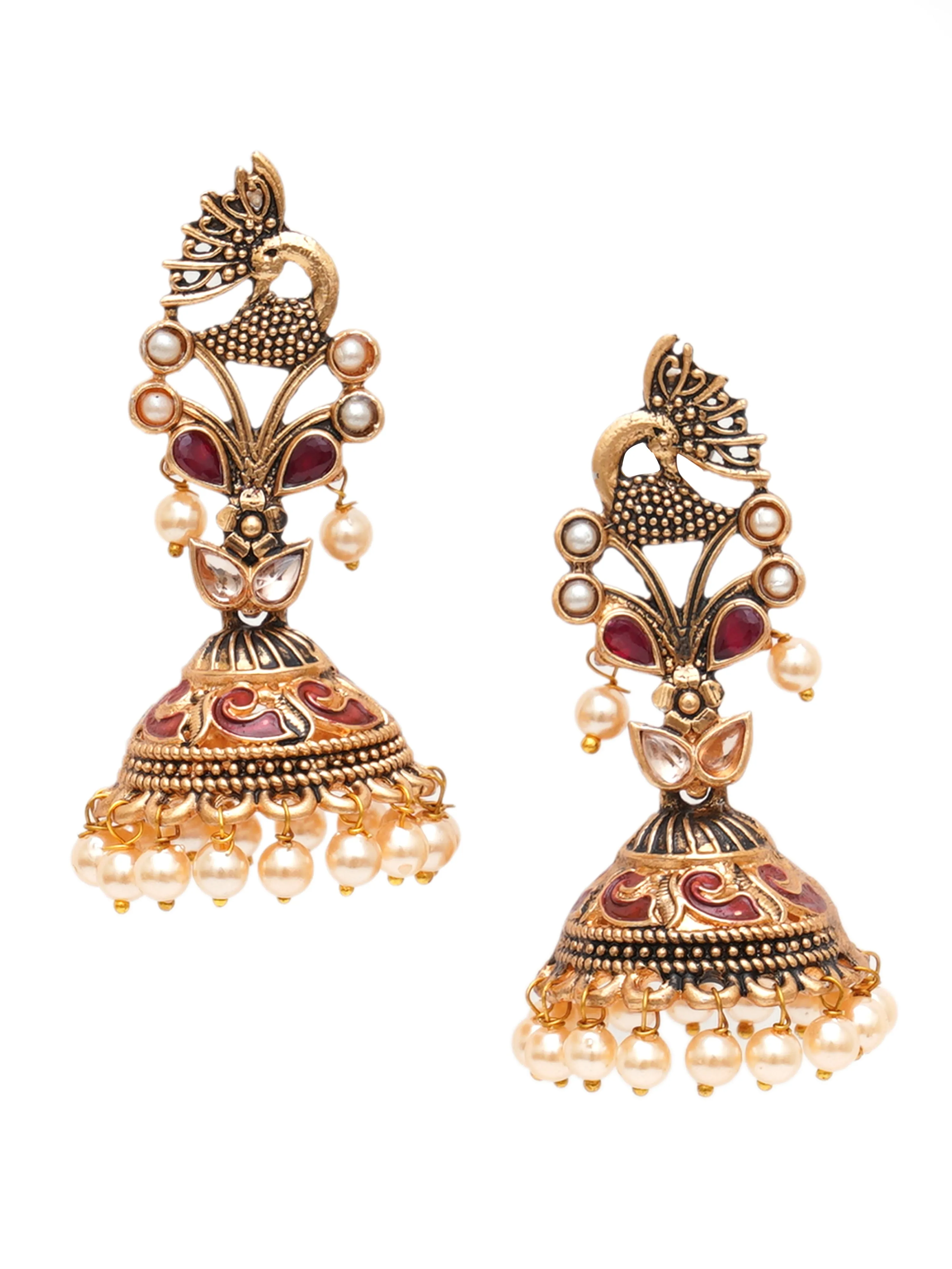 Karatcart Gold Plated Maroon Stone Studded Peacock Shape Jhumki Earrings for Women