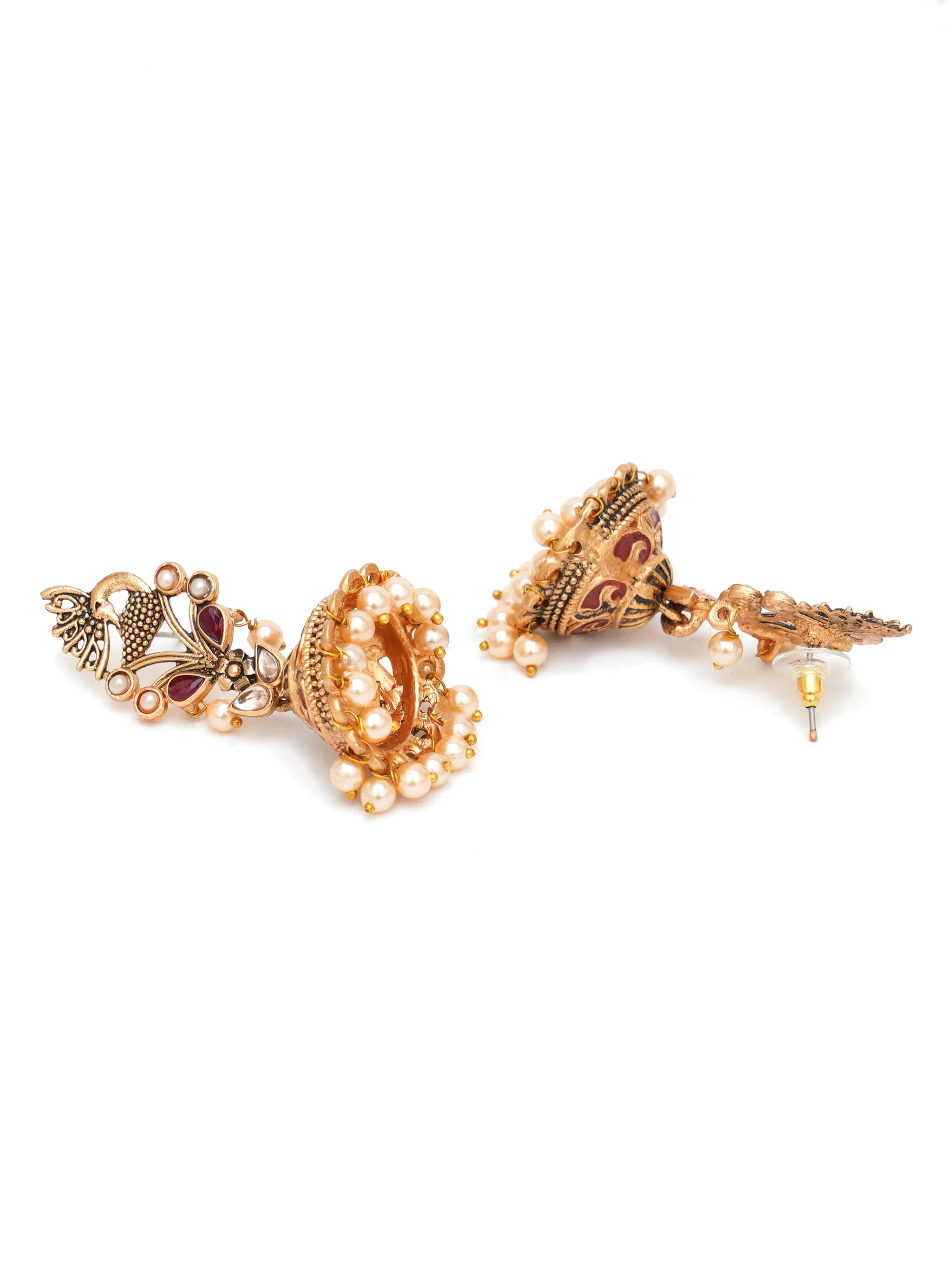 Karatcart Gold Plated Maroon Stone Studded Peacock Shape Jhumki Earrings for Women