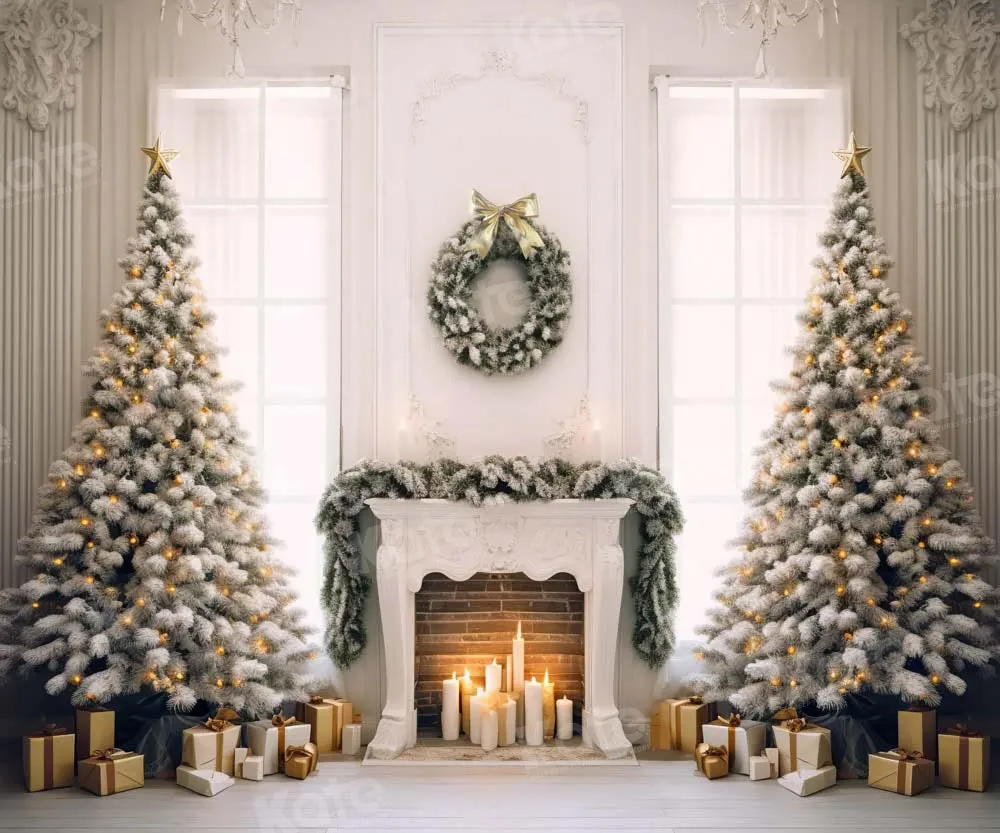 Kate Christmas Elegant Fireplace Tree Window Backdrop Designed by Chain Photography