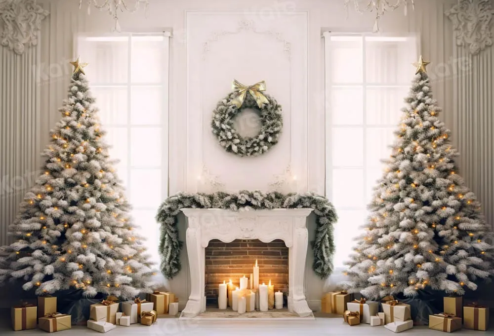 Kate Christmas Elegant Fireplace Tree Window Backdrop Designed by Chain Photography