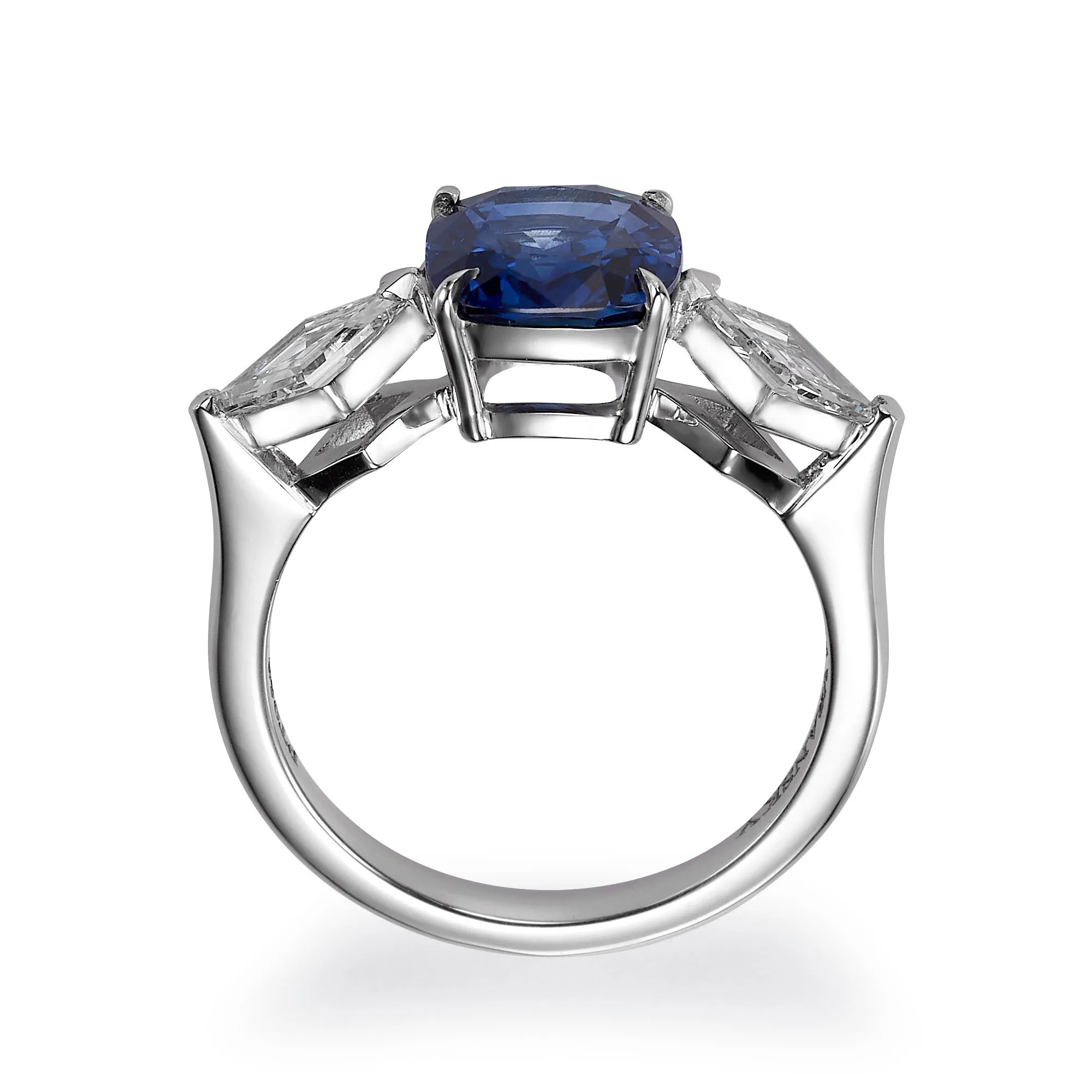 Kite Side Stone Cushion Cut Sapphire Ring - 3.64 Carat