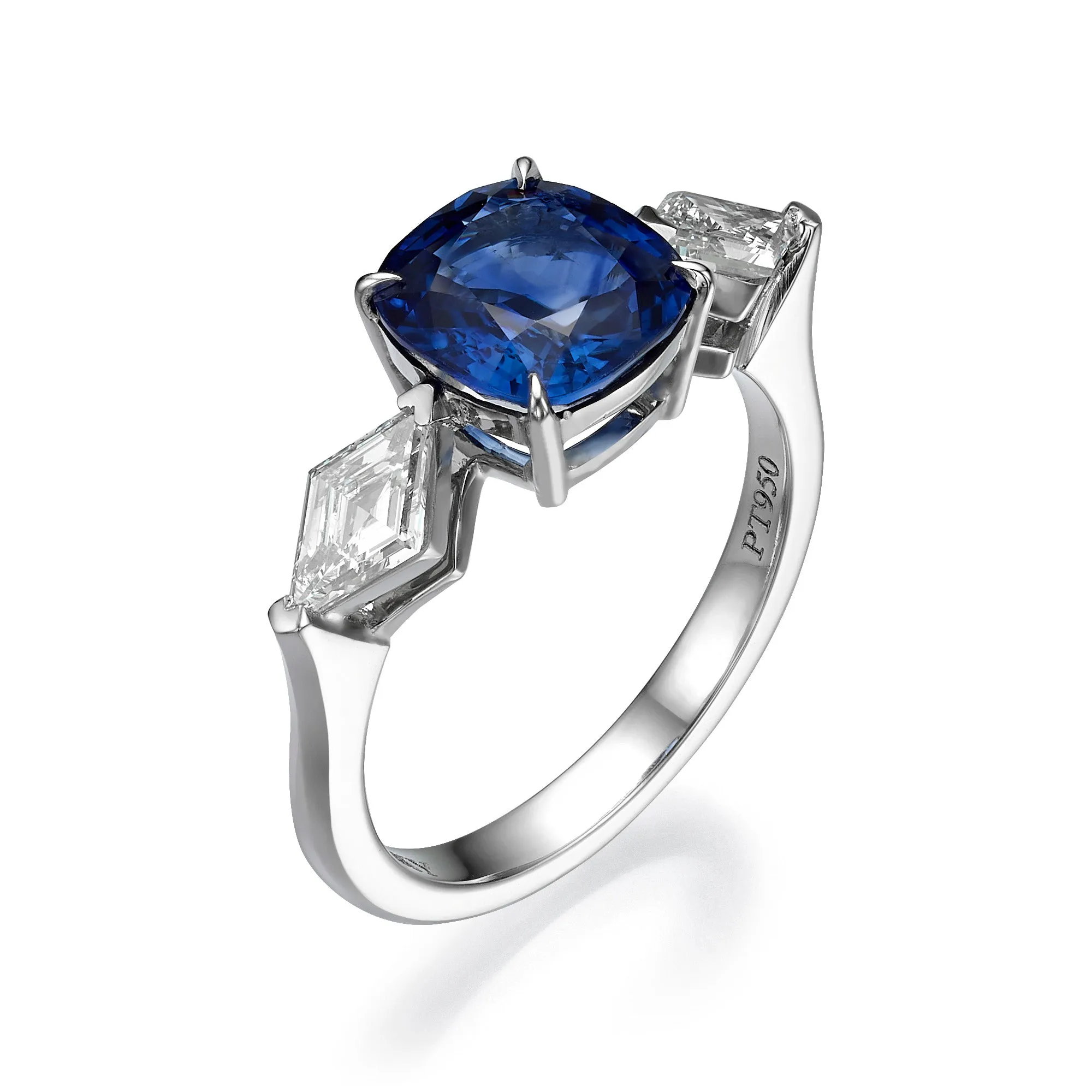 Kite Side Stone Cushion Cut Sapphire Ring - 3.64 Carat