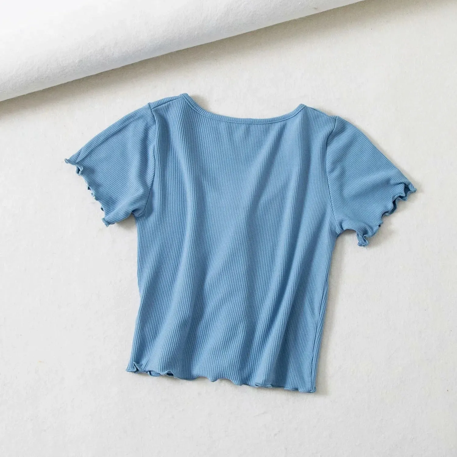 Knitted short-sleeved T-shirt women's summer European and American single-sleeve D-neck wood-eared cardigan top