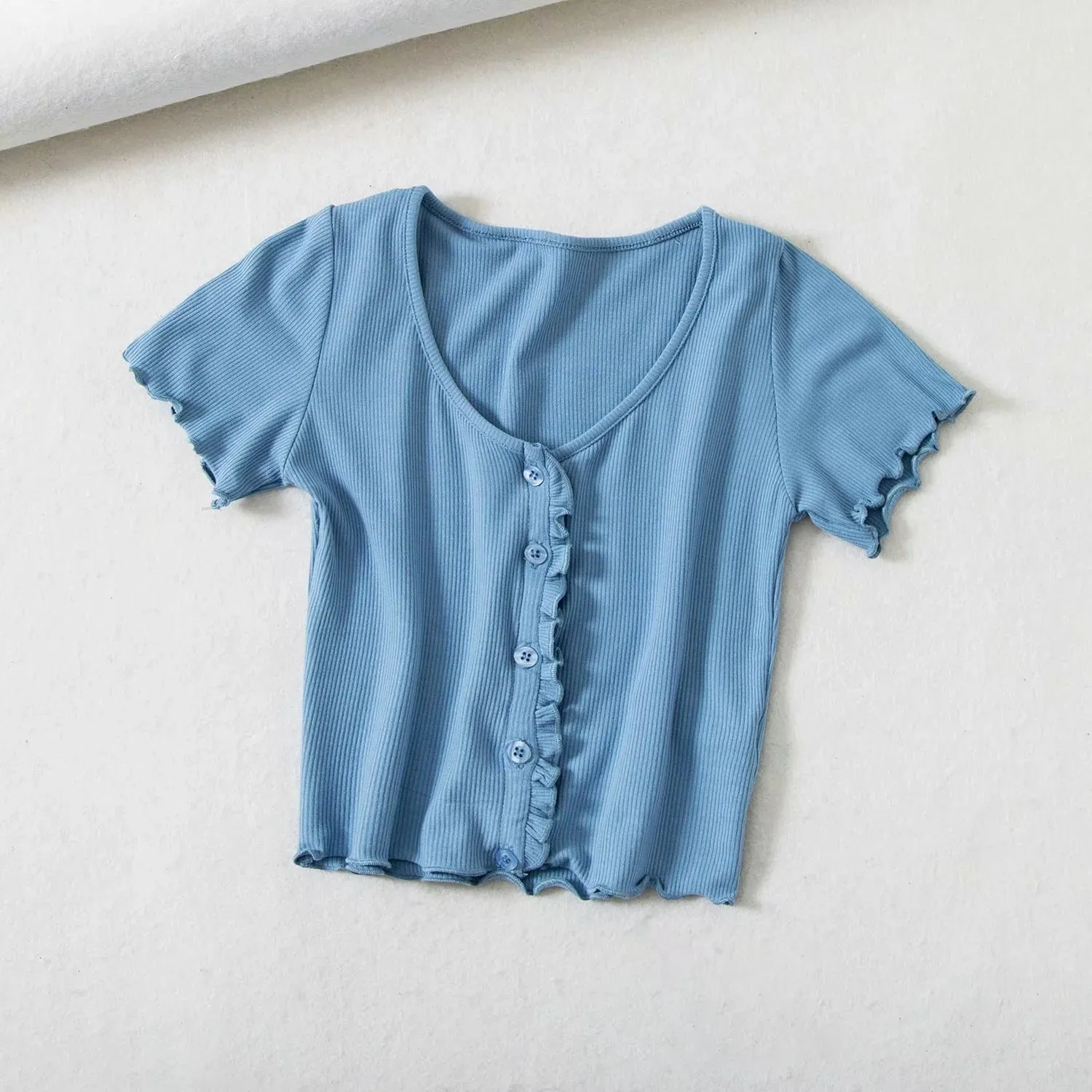 Knitted short-sleeved T-shirt women's summer European and American single-sleeve D-neck wood-eared cardigan top