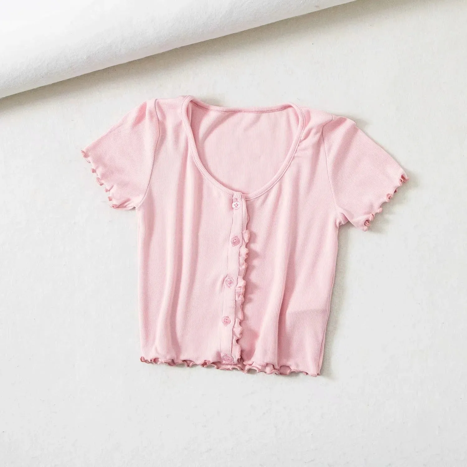 Knitted short-sleeved T-shirt women's summer European and American single-sleeve D-neck wood-eared cardigan top