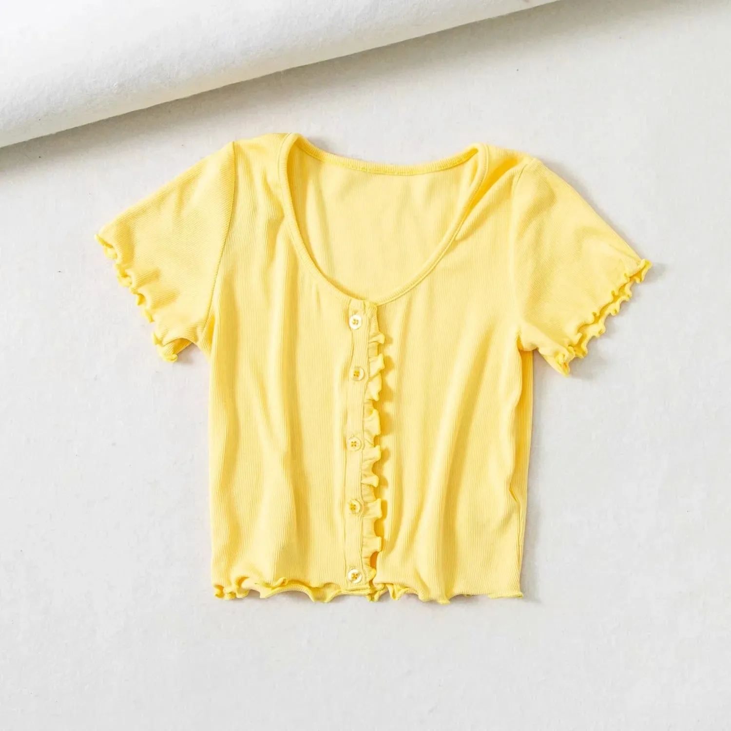 Knitted short-sleeved T-shirt women's summer European and American single-sleeve D-neck wood-eared cardigan top
