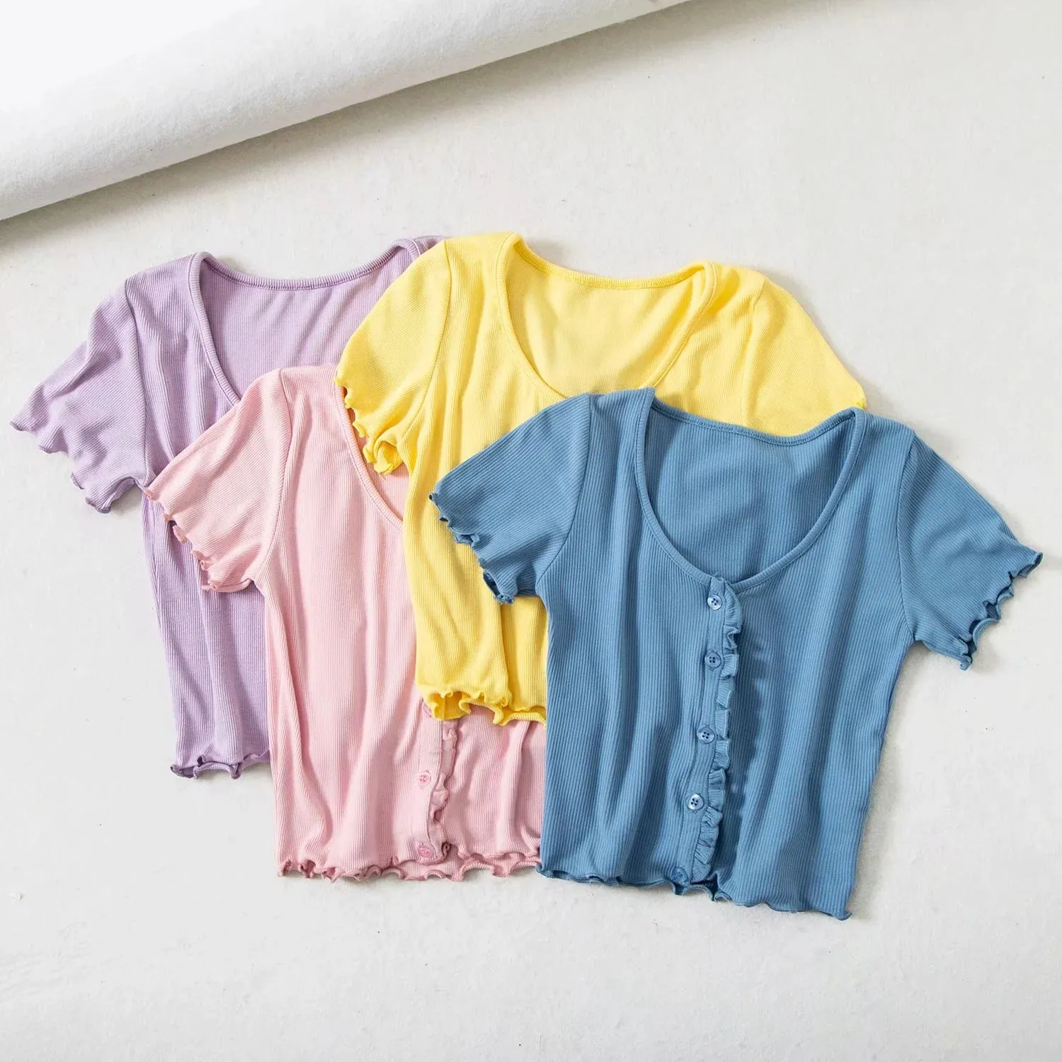 Knitted short-sleeved T-shirt women's summer European and American single-sleeve D-neck wood-eared cardigan top