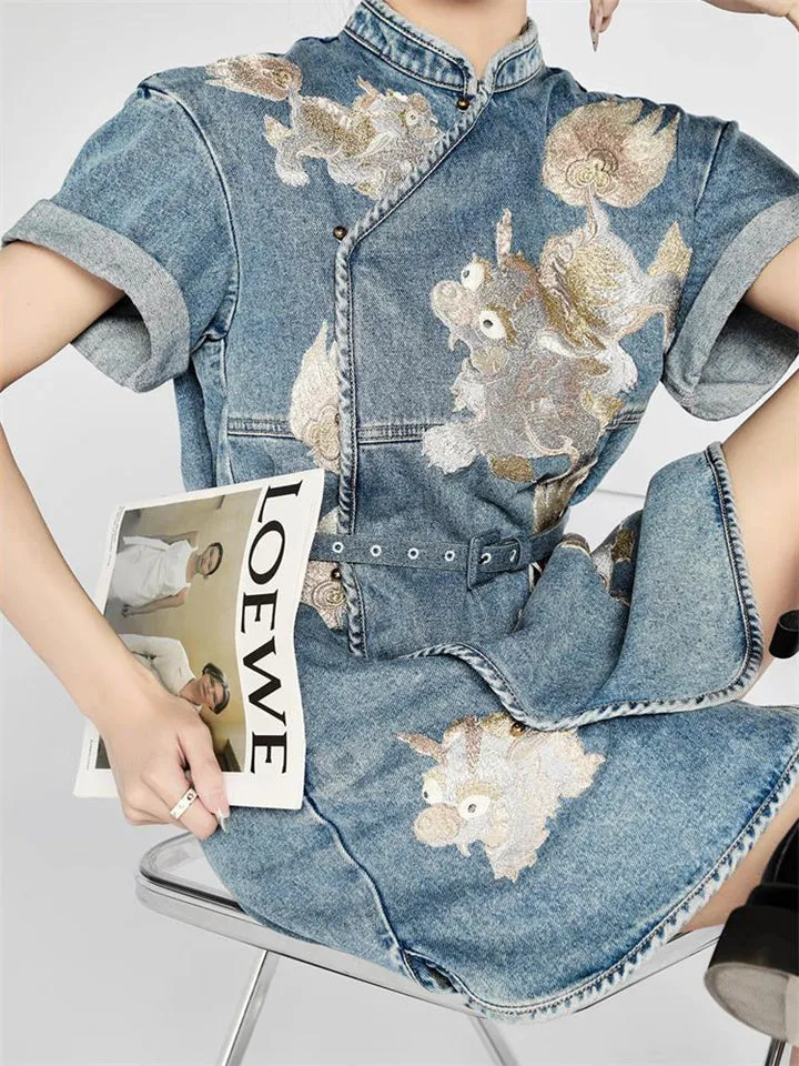 Ladies Auspicious Beast Qilin Chic Denim Qipao Dress
