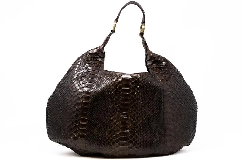 LARGE SLOUCHY HOBO IN BROWN PYTHON WITH CAIMAN STRAP