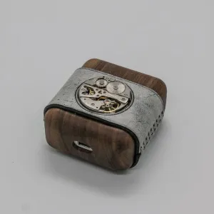 Leather Wood AirPods 1,2 Case with Silver Watch Movement Handmade Custom Leather AirPods 1,2 Case Airpod Case Cover