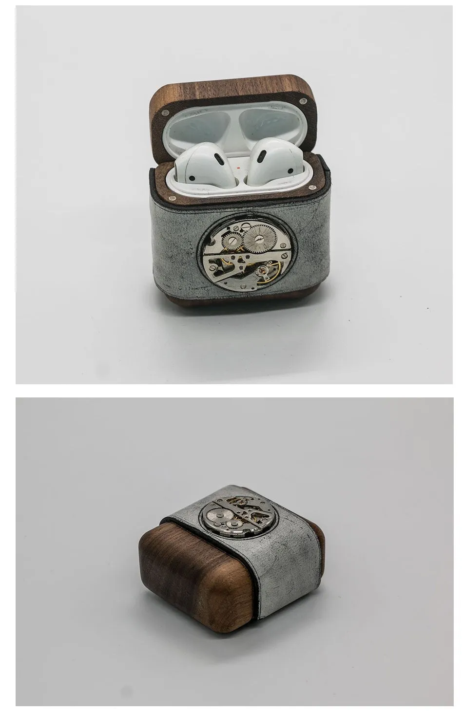 Leather Wood AirPods 1,2 Case with Silver Watch Movement Handmade Custom Leather AirPods 1,2 Case Airpod Case Cover
