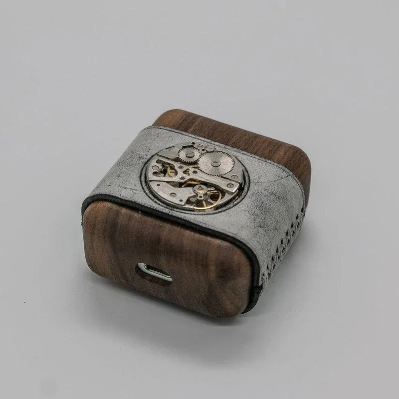 Leather Wood AirPods 1,2 Case with Silver Watch Movement Handmade Custom Leather AirPods 1,2 Case Airpod Case Cover