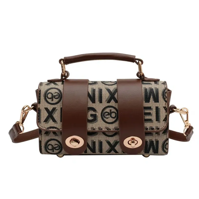 Letter Print Metal Buckle Satchel Handbag