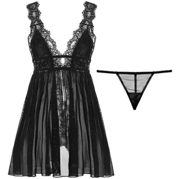 Lingerie slip dress open back lace sexy sheer black panty set 2 PC night dress