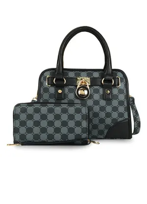 LOCK DESIGN PRINTED CANVAS SATCHEL WITH DOUBLE ZIP WALLET SET(MMA1023) <Bundle>