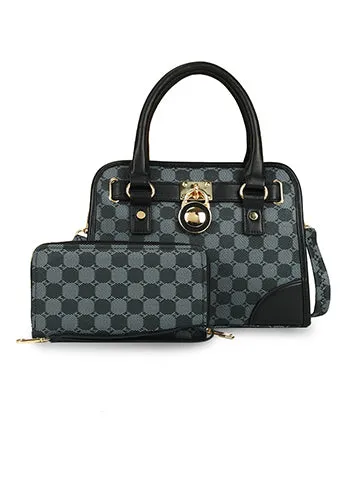 LOCK DESIGN PRINTED CANVAS SATCHEL WITH DOUBLE ZIP WALLET SET(MMA1023) <Bundle>
