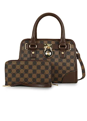 LOCK DESIGN PRINTED CANVAS SATCHEL WITH DOUBLE ZIP WALLET SET(MMA1023) <Bundle>