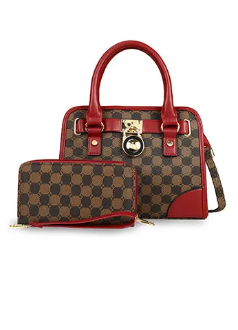LOCK DESIGN PRINTED CANVAS SATCHEL WITH DOUBLE ZIP WALLET SET(MMA1023) <Bundle>