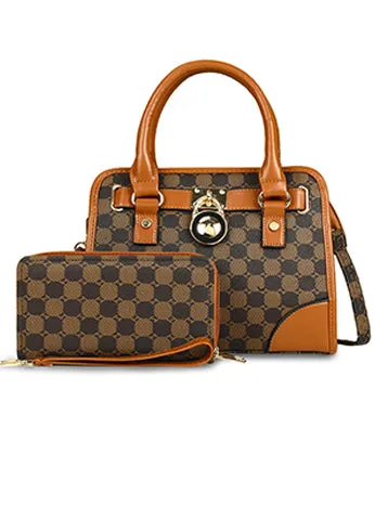 LOCK DESIGN PRINTED CANVAS SATCHEL WITH DOUBLE ZIP WALLET SET(MMA1023) <Bundle>