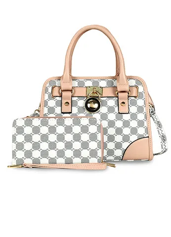 LOCK DESIGN PRINTED CANVAS SATCHEL WITH DOUBLE ZIP WALLET SET(MMA1023) <Bundle>