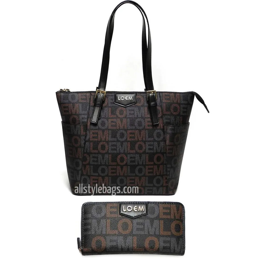 LOEM signature Print satchel Bag tote wallet set black Designer pockets