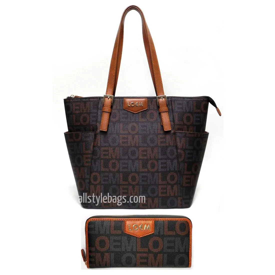 LOEM signature Print satchel Bag tote wallet set black Designer pockets