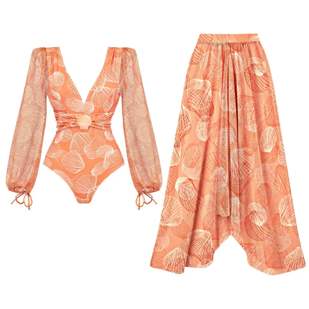 Long Sleeve One Piece Swimsuit and Skirt