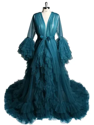 Long Sleeve Ruffled Tulle V Neck Luxury Robe
