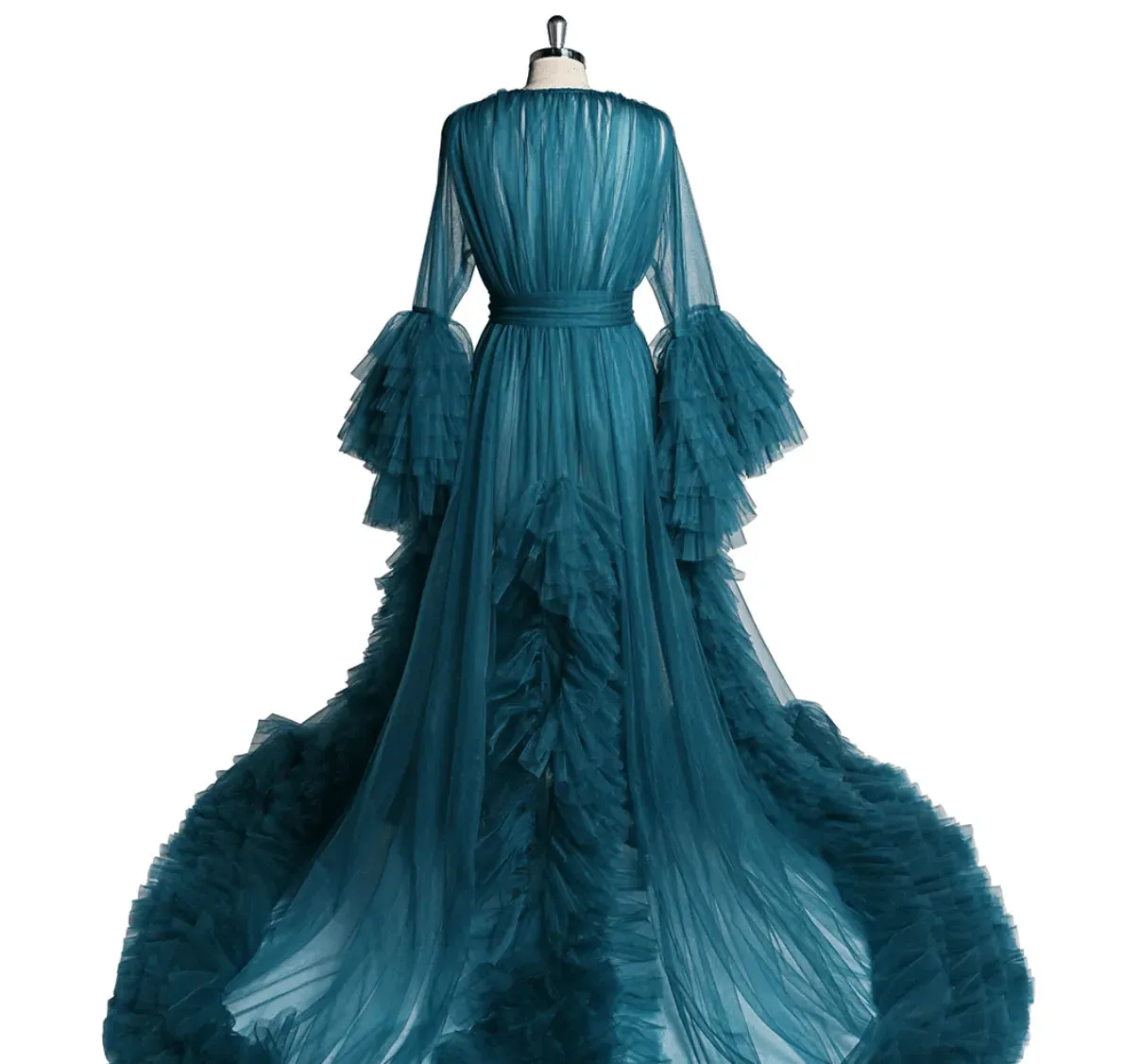 Long Sleeve Ruffled Tulle V Neck Luxury Robe