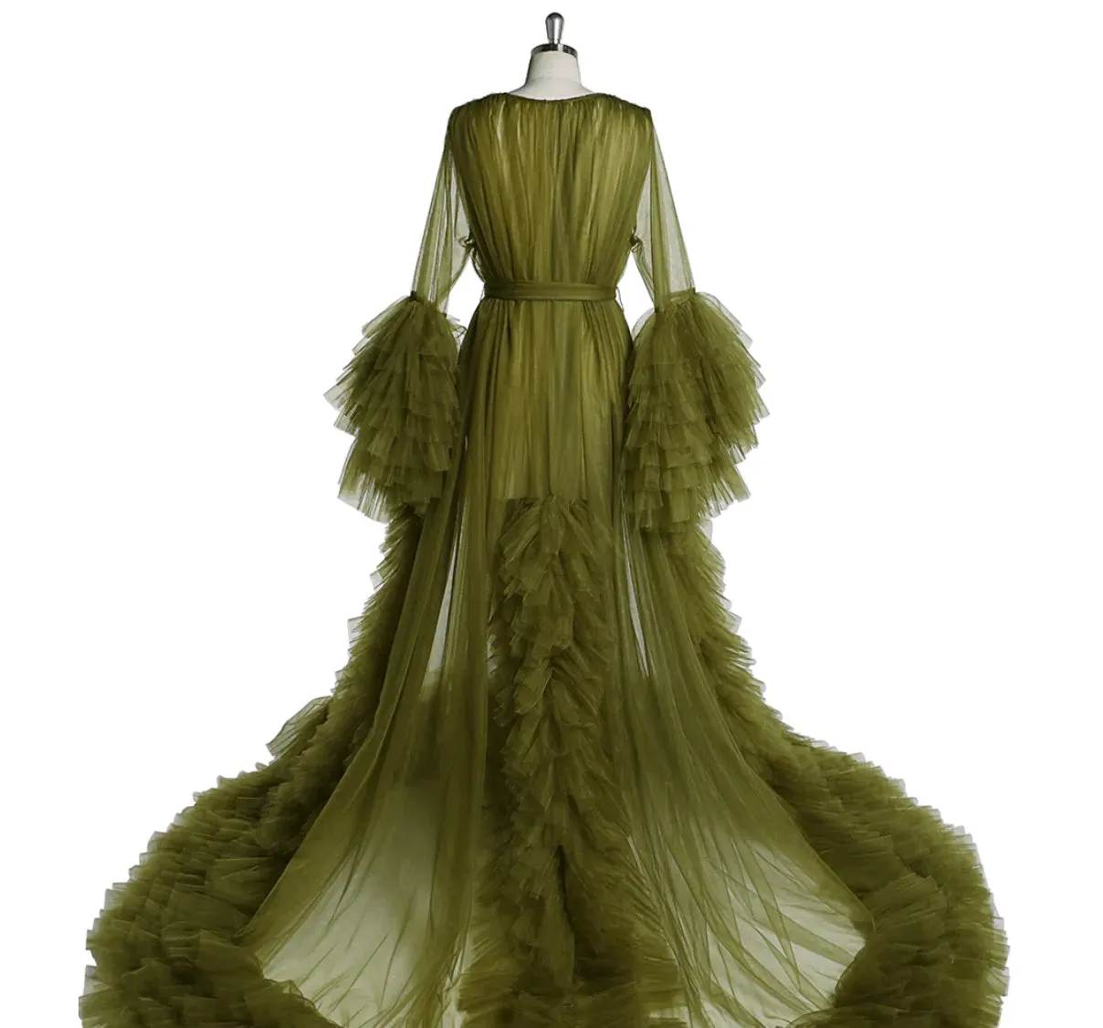 Long Sleeve Ruffled Tulle V Neck Luxury Robe