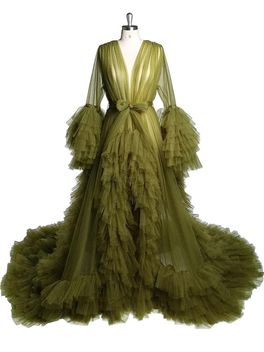 Long Sleeve Ruffled Tulle V Neck Luxury Robe